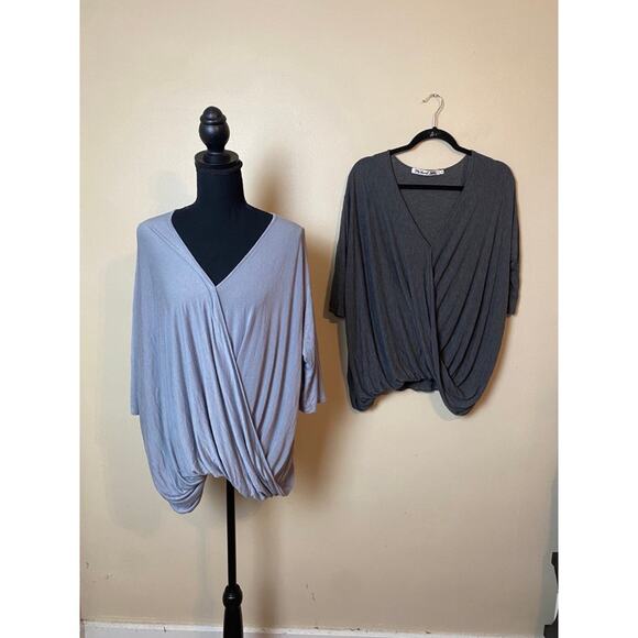Michael Stars Drape Surplice Tee light gray dark gray medium blouse - Picture 1 of 5